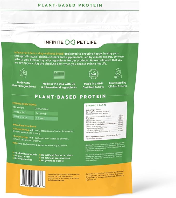 Infinite Pet Life Joint and Hip Supplements for Dogs Instant Peanut Butter Powder | 12.7 oz | Promotes Joint Health, Mobility, & Muscle Health