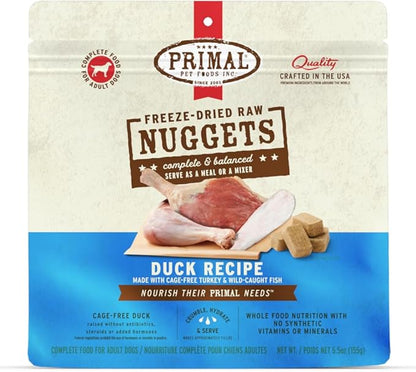 Primal Freeze Dried Raw Dog Food Nuggets, Duck, Complete & Balanced Meal, Also Use as Topper or Treat, Premium, Healthy, Grain Free, High Protein Raw Dog Food, 5.5 oz