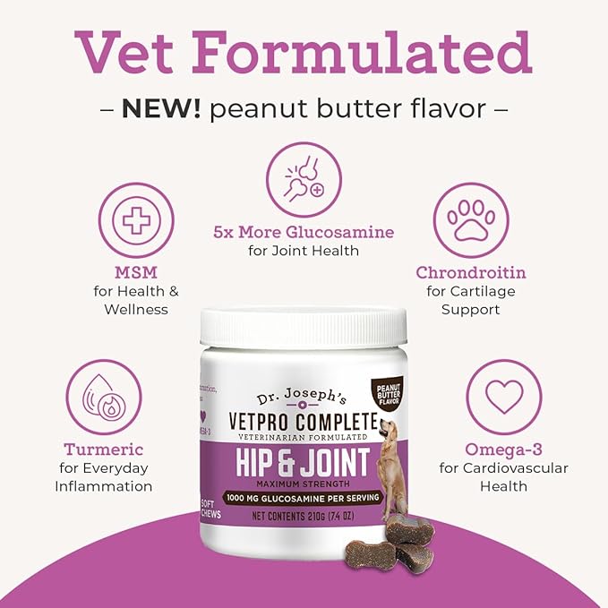 Dr. Joseph's VetPro Complete Dog Hip & Joint Supplement for Arthritis Pain Relief – High-Strength Glucosamine & Chondroitin Chews for Senior Dogs – Vet Formulated, Peanut Butter Flavor, 60 Ct
