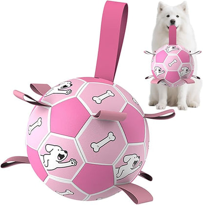 Domchan Dog Soccer Ball, Interactive Toys for Tug of War, Puppy Birthday Gifts, Tug Toy, Water Toy, Durable Balls for Small & Medium Size(8 inch-Pink)