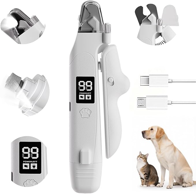 2-in-1 Dog Nail Clippers & Cat Nail Trimmers for Small Medium Large Pets Claw, 2 LED Lights and Battery Indicator, Ultra-Quiet Grinder for Puppy and Kitten, USB-C, Nail Clipping Catcher