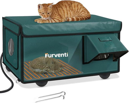 Outdoor Heated Cat House in Winter,Extremely Insulated & Weatherproof,Feral Cat Shelter with Waterproof Eaves & Escape Door for Outside Stray Barn Cat(Dark Green,25.85"x16.3"x13.4")