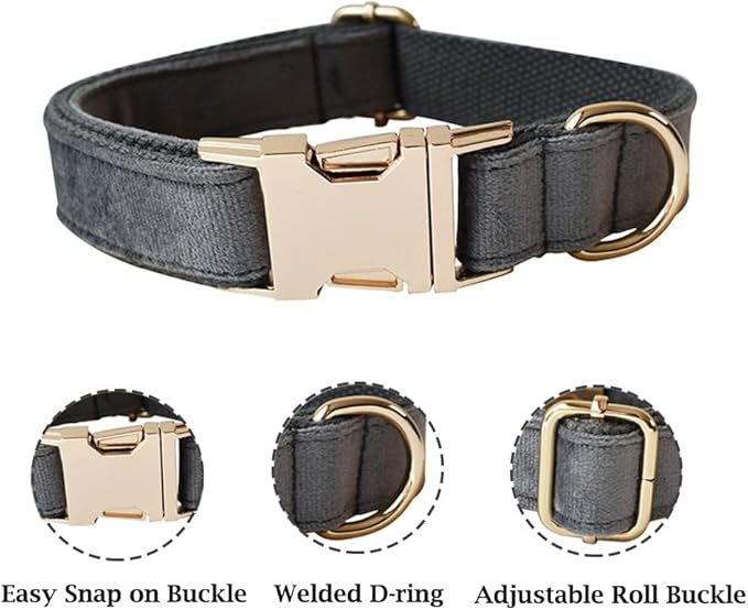 JAY D.L Dog Collar and Leash Set，Soft & Comfy Velvet Dog Collars with Heavy Duty Metal Buckle and Matching Lead Adjustable for Small Medium Large Dogs (Medium, Dark Grey)