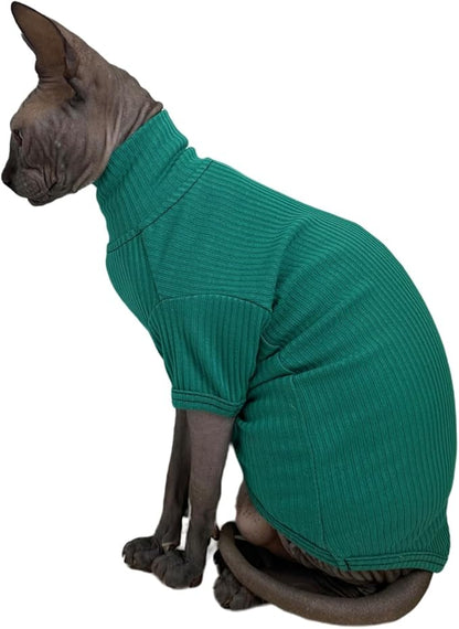Sphynx Hairless Cats Shirt Cotton Cat Turtleneck Sweater Pullover Kitten T-Shirts with Sleeves Cat Pajamas Jumpsuit for Sphynx (X-Large, Peacock Green)