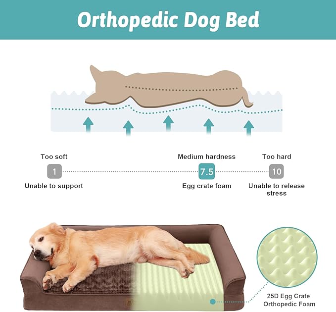 COZY KISS Orthopedic Dog Bed for Large Medium Size Dog, L Pet Sofa for Dog Cat, Big Supportive Foam Bolster U Shaped Couch with Waterproof Lining Cover, Anti-Slip, Washable, 36x27x7.5 inch, Brwon
