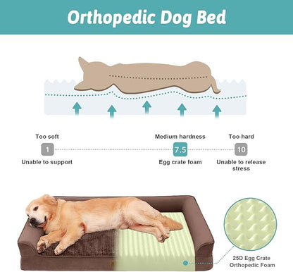 COZY KISS Orthopedic Dog Bed for Large Medium Size Dog, L Pet Sofa for Dog Cat, Big Supportive Foam Bolster U Shaped Couch with Waterproof Lining Cover, Anti-Slip, Washable, 36x27x7.5 inch, Brwon