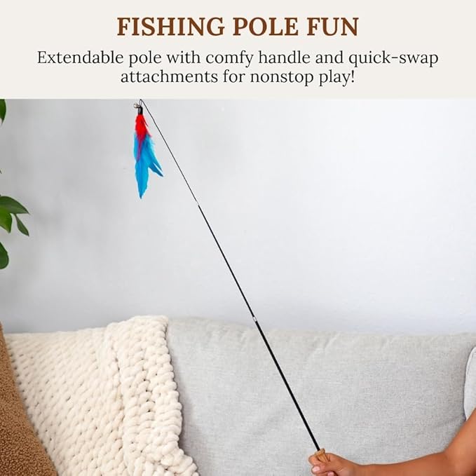 GADGETSOLOGY Cat Toys Set Cat Fishing Pole Retractable Wand Suction Cup & Hanging Teaser Wand for Indoor Cats & Kittens Feather Attachments Ribbon