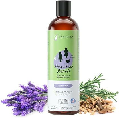kin+kind Dog Shampoo Flea and Tick Vet Formulated - Natural Flea and Tick Prevention for Dogs - Plant Powered Shampoo w/Coconut & Olive Oil - Dog Supplies - Lavender Scent - Made in USA 12 fl oz