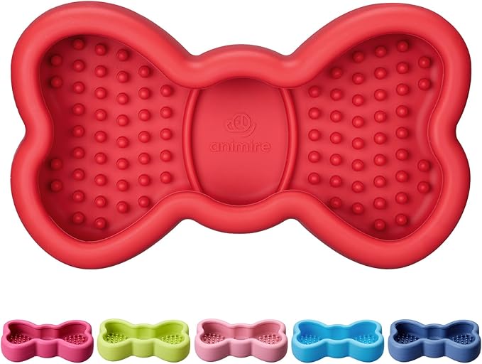 Lick Mat for Dogs, Animire Anti-Spilled Bow Tie Lick Bowls for Anxiety Relief, Silicone Slow Feeder Licking Pad with Suction Cups, Freezeable Dog Enrichment Toy for Boredom and Distraction(Red,S)