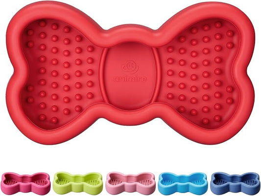 Lick Mat for Dogs, Animire Anti-Spilled Bow Tie Lick Bowls for Anxiety Relief, Silicone Slow Feeder Licking Pad with Suction Cups, Freezeable Dog Enrichment Toy for Boredom and Distraction(Red,L)