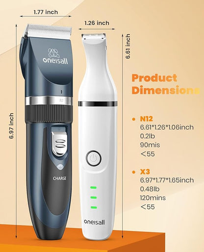 oneisall 4 in 1 Dog Clippers and Paw Trimmer Grooming Kit, Low Noise Cordless Dog Clippers for Grooming Pet Hair Trimmers for Small and Large Dogs Cats Animals