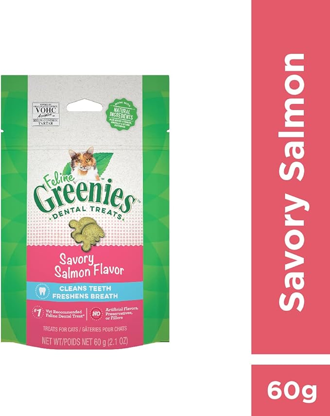 Greenies Feline Adult Natural Dental Care Cat Treats, Savory Salmon Flavor, 2.1 oz. Pouch (Pack of 2)