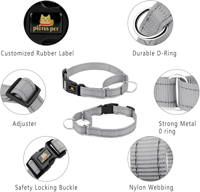 Plutus Pet Reflective Martingale Collar with Buckle - Durable and Adjustable Training Collar for No Pulling, Dog Choker Collar for Small Medium Large Dogs, Gray, S