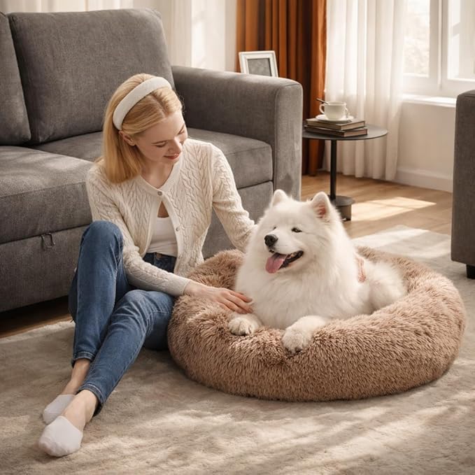 Dog & Cat Bed for Indoor Cats, 37in Calming Donut Pillow mat for Puppy and Kitten, Washable Cooling Round Fluffy Pet Nest for Small Medium Dogs and Cats, Brown
