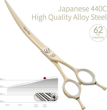 Fenice Peak Curved Dog Grooming Scissors with Cream Color Coating 440C Stainless Steel Pet Grooming Bending Shears Sharp and Durable Comfortable Engonomic Handle