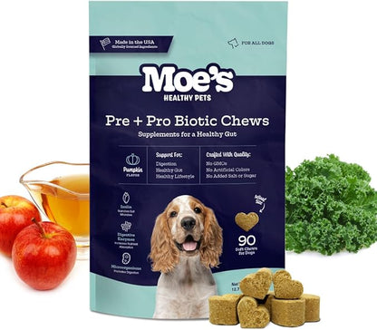 Moe’s Probiotic Chews for Dogs 90ct – Pumpkin Flavor Prebiotics & Probiotics for Gut Health, Digestion, Immunity and Itchy Skin Relief