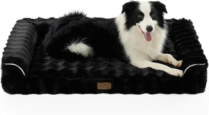 COZY KISS Faux Rabbit Fur Orthopedic Dog Bed, Large Dog Bed, Supportive Foam Pet Sofa with Waterproof Lining Cover, Washable U-Shaped Pet Couch with Anti-Slip Bottom Design, Black XL 42x30x7 inch