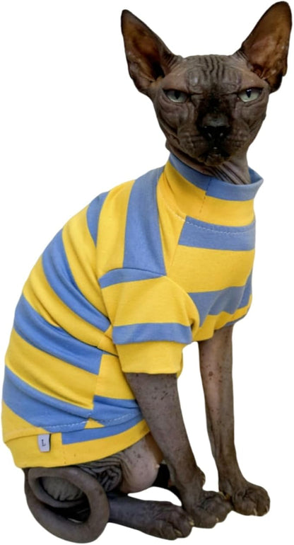 Sphynx Cat Clothes Shirts for Hairless Cat, Wide Stripe Cats Apparel, Kitten Summer Cotton T-Shirts with Sleeves for Cornish Rex, Devon Rex, Peterbald (Blue & Yellow, XX-Large)