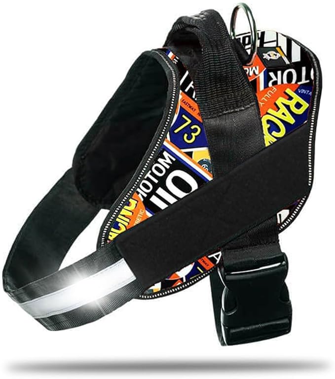 DOGGYKINGDOM Non Pull Dog Harness with Patch Panels and Handle, Adjustable, Reflective, No Choke, Heavy Duty Easy On Service Dog Vest Harnesses for Medium Large Small Sized Dogs - Motorsport, L