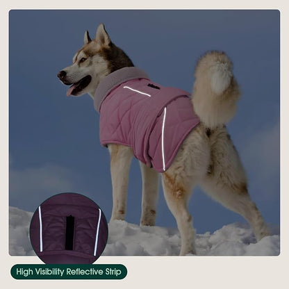 Kuoser Extra Warm Dog Coat, Windproof Cold Weather Dog Jackets for Large Dogs, Thick Fleece Lining Pet Turtleneck Snowsuit Reflective Adjustable Puppy Winter Coat Doggie Snow Jacket Pink, XL