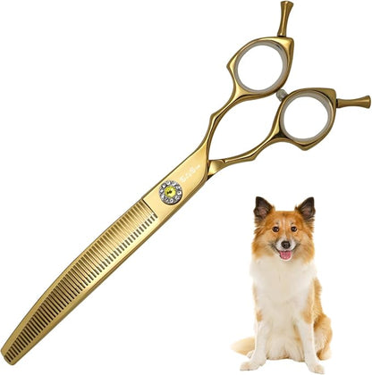 7.5inch Curved Thinner Professional Dog Grooming Scissors, 56 Teeth High-end Dog Shears Blender, VG10 Steel Sharp, 25 Degree Bend Cutting Scissors for Pet Groomers or Family Use, Thinning Rate 30%