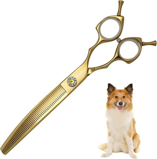 7.5inch Curved Thinner Professional Dog Grooming Scissors, 56 Teeth High-end Dog Shears Blender, VG10 Steel Sharp, 25 Degree Bend Cutting Scissors for Pet Groomers or Family Use, Thinning Rate 30%
