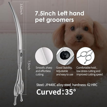 Professional Left Handed Curved Dog Grooming Scissors for Lefty Groomers 35° Arc Grooming Shears for Dogs Pet Cat Japanese 440C Sharp and Durable(7.5 in,Lefty)