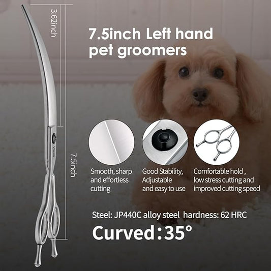 Professional Left Handed Curved Dog Grooming Scissors for Lefty Groomers 35° Arc Grooming Shears for Dogs Pet Cat Japanese 440C Sharp and Durable(7.5 in,Lefty)