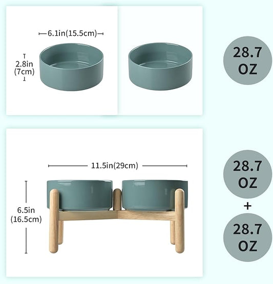 SPUNKYJUNKY Ceramics Raised Dog Bowls with Wooden Stand - Elevated Dog Feeding Set (Double 28.7OZ, Dark Green)