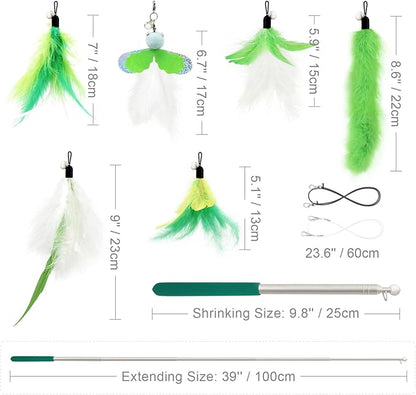 SONGWAY Cat Feather Toys Wand - 7 Pcs Interactive Cat Toys for Indoor Cats Kittens, Retractable Cat Wand with 6 Feather Teaser Refills with Bell, Cats Fishing Pole Toy, Green