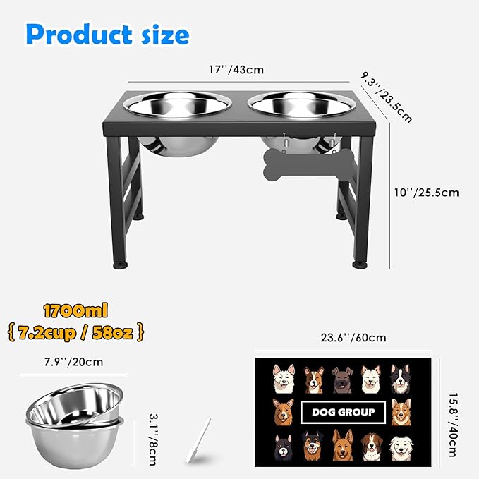 ADENGL Elevated Dog Bowls, 10" Tall Height, Raised Bowl Stand with 2 Stainless Steel Food Feeder Bowls (58oz) and Spill-Proof Mat for Medium Large and Small Breeds