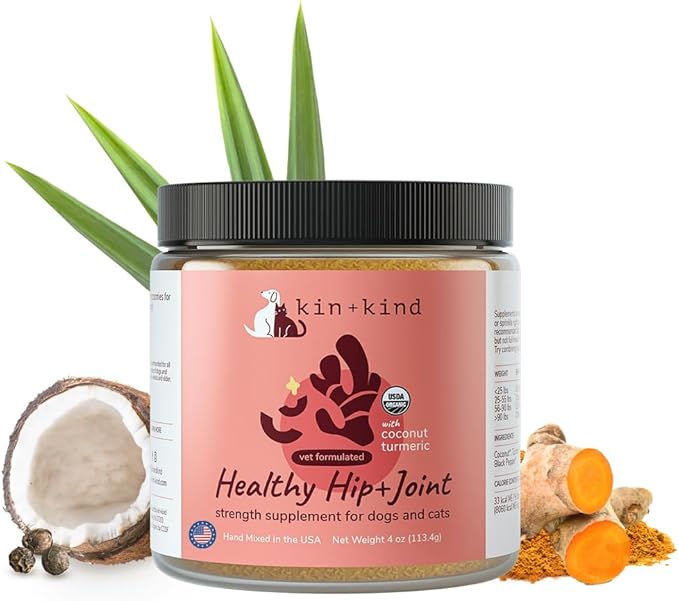 kin+kind Hip and Joint Supplement for Dogs & Cats – Vet Formulated Natural Joint Support with Organic Turmeric, Black Pepper & Coconut – Dog Essentials & Cat Essentials – Made in USA – 4 oz (Medium)