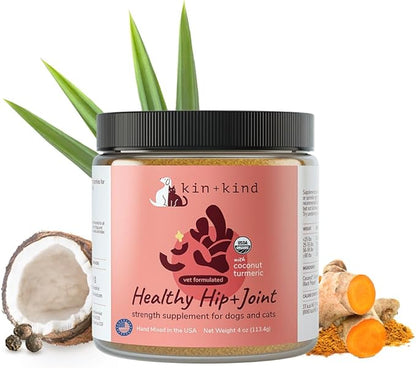 kin+kind Hip and Joint Supplement for Dogs & Cats – Vet Formulated Natural Joint Support with Organic Turmeric, Black Pepper & Coconut – Dog Essentials & Cat Essentials – Made in USA – 4 oz (Medium)