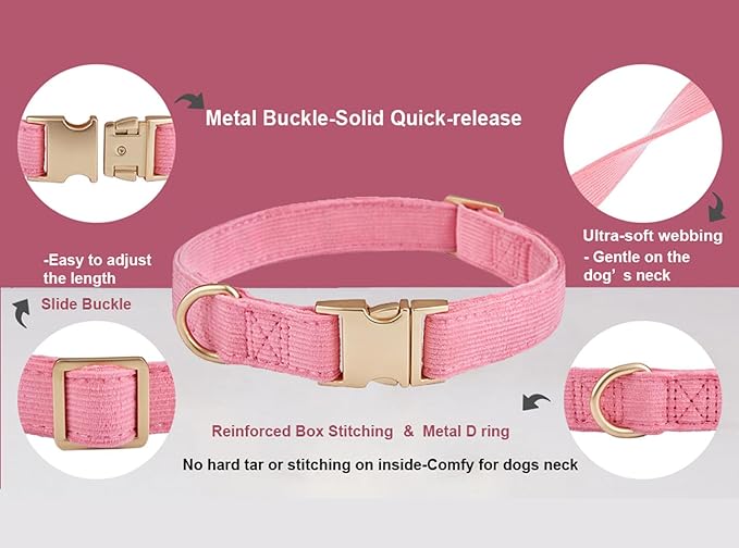 Ewinoom Soft Corduroy Dog Collar and Leash Set Adjustable Durable Dog Collars with Metal Buckle and Lead for Female Large Dogs,Hot Pink