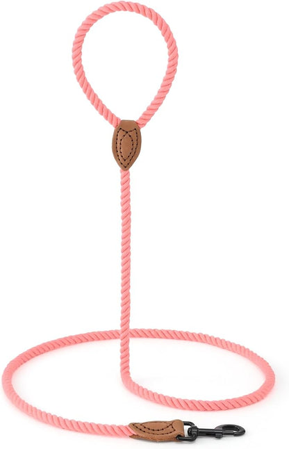 Mile High Life Dog Leash, Braided Cotton Rope Leashes with Leather Tailor Tip with Leather Tip - Heavy Duty Metal Clasp, 5FT, 1/2" Thick - Wedding, Walking Leash for Medium Large Dogs(Pink)