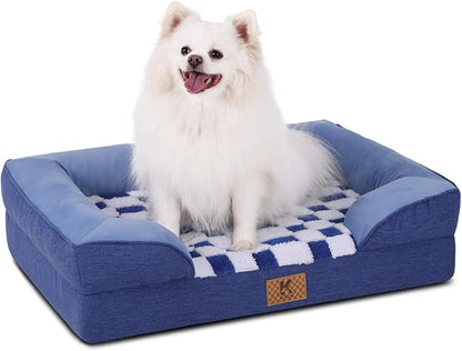 KSIIA Waterproof Dog Bed Orthopedic for Small Senior Dog Couch with Sides, Extra Thick Supportive Pet Bed Sofa with Soft Plush Cover and Non-Slip Bottom, 30 x 20 Inch, Blue