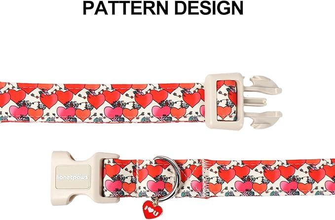 Lionet Paws Valentine's Day Dog Collars- Cute Spring Flowers Beige Dog Collar with Plastic Buckle and Heart Pendant,Dog Collar for Medium Large Dogs