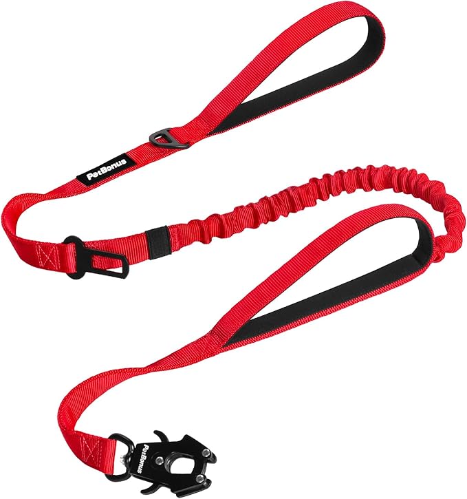 PetBonus Heavy Duty Tactical Dog Leash, 5 FT Bungee Shock Absorption Leash with 2 Padded Handles, Quick Release Metal Clip, Car Seatbelt, No Pull Training Lead for Large Medium Dogs（Red）
