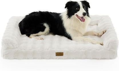 COZY KISS Faux Rabbit Fur Orthopedic Dog Bed, Large Dog Bed, Supportive Foam Pet Sofa with Waterproof Lining Cover, Washable U-Shaped Pet Couch with Anti-Slip Bottom Design, Beige XL 42x30x7 inch