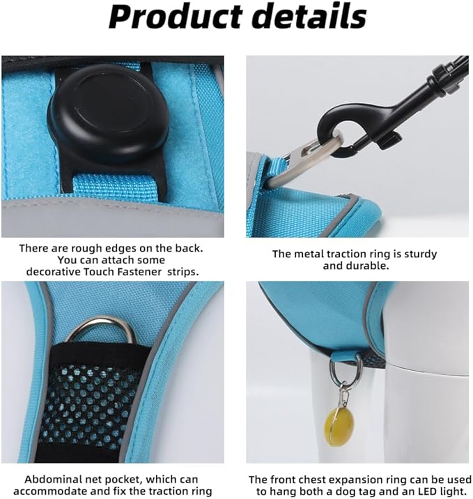 Airtag Dog Harness Chest Plate Reflective No Pull Harness with Leash for Extra Large Dogs (Steel Blue, L)