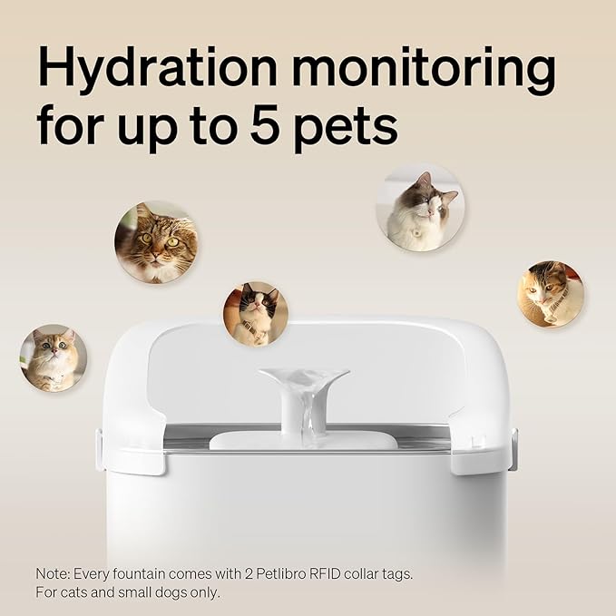 PETLIBRO Cats Water Fountain for Multi Cats, Cat Fountain with RFID Recognition Each Pet, 3L/101oz Pump-Free Cat Water Fountain Stainless Steel Tray, 2.4G Wi-Fi APP Pet Water Fountain x2 Collar Tags