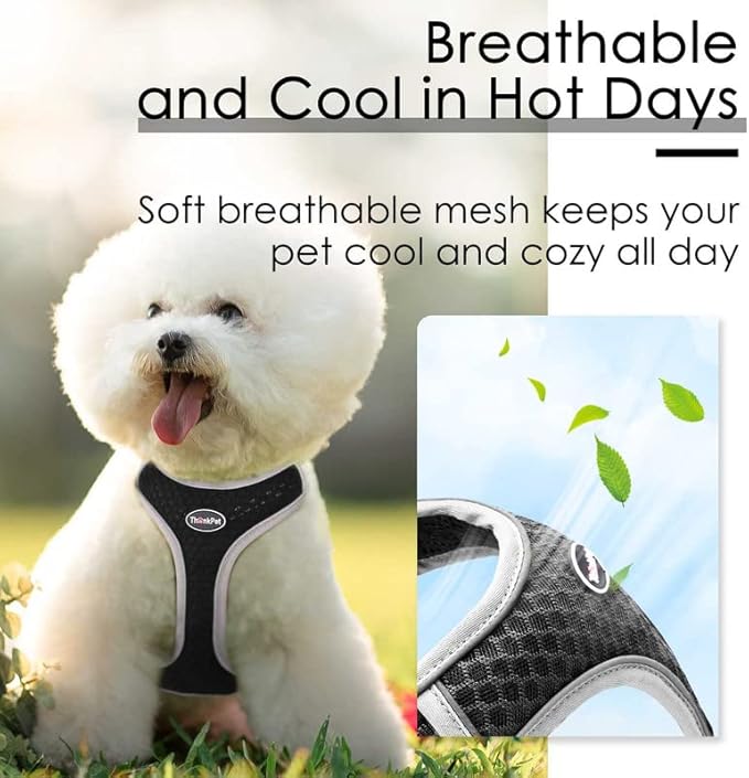 ThinkPet Reflective Breathable Soft Air Mesh No Pull Puppy Choke Free Over Head Vest Ventilation Harness for Puppy Small Medium Dogs and Cats (Black,L)