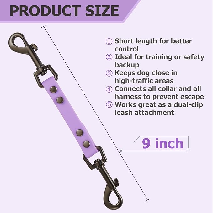 Dog Safety Collar Clip – Waterproof Backup Connector with Dual Hooks for Harness and Collar | Leash Safety Attachment for Training & Walking (Lavender, 9 inch)