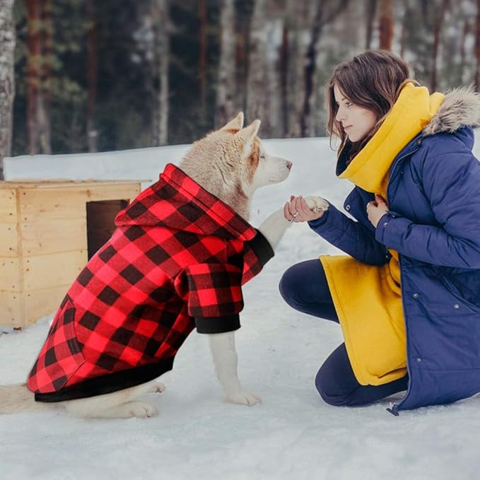 Red Plaid Dog Hoodie Sweater for Dogs Pet Clothes with Hat and Pocket（XXL）