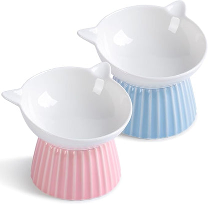 Wellbro Ceramic Raised Cat Bowl，Tilted Raised Bowl Anti Vomit Bowls for Indoor Cats Whisker Friendly Pet Feeder for Cats Puppies, Microwave and Dishwasher Safe