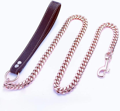 Rose Gold Dog Chain Leash 10MM 14MM Curb Cuban Link Chain Dog Leash Strong Chew Proof Stainless Steel Leash 3FT/4FT/5FT for Small Medium Large Dogs(14mm,5ft)…