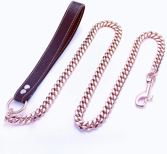 Rose Gold Dog Chain Leash 10MM 14MM Curb Cuban Link Chain Dog Leash Strong Chew Proof Stainless Steel Leash 3FT/4FT/5FT for Small Medium Large Dogs(14mm,4ft)…