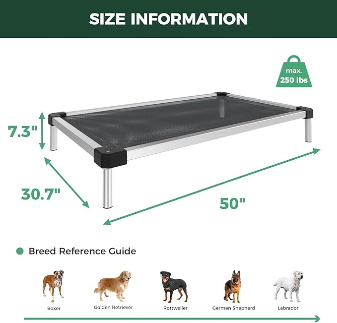 FXW TitanNest Chew-Proof Elevated Dog Bed, Raised Cot for Indoor/Outdoor/Camping Use, Durable & Waterproof Cooling Pet Bed for Large Dogs, 50.0" L x 31.0" W x 7.3" H, Black