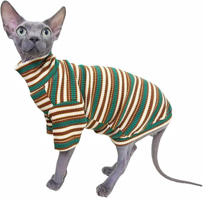 Turtle Neck Vintage Stripes Sphynx Hairless Cat Cotton T-Shirts Pet Clothes Vest Kitten Shirts Sleeveless, Cats & Small Dogs Apparel (Marsh, XL (9-12.5 lbs))