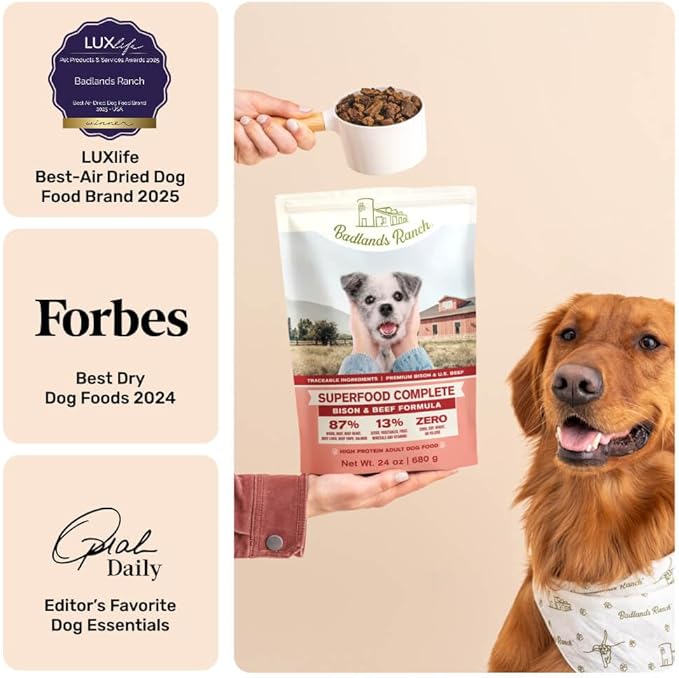 BADLANDS RANCH by Katherine Heigl – Superfood Complete Air-Dried Beef & Bison Dog Food – High Protein with Superfoods for Daily Wellness & Consistent Nutrition – 24 oz